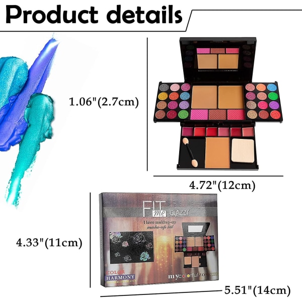 36 färger Makeup Palette Makeup Kit - Dam Makeup Set - Lip Gloss & Blush & Pressed Puder & Cotton Brush & Mascara Set