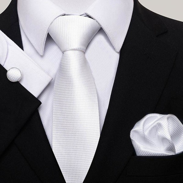 Rutig slips herr sidenslips och fyrkantiga manschettknappar set Wedding Business (vit)