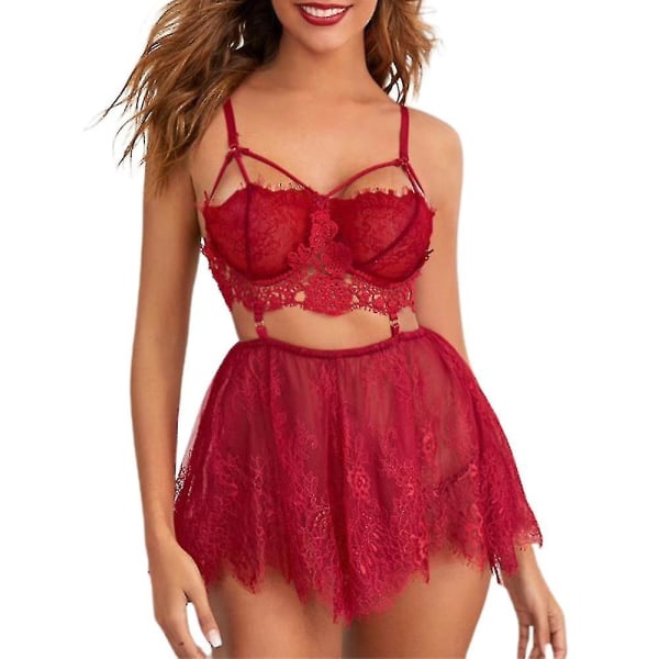 Pyjamas för kvinnor sommar tunn genomskinlig spets hängslen sovkjol sexiga underkläder Red L