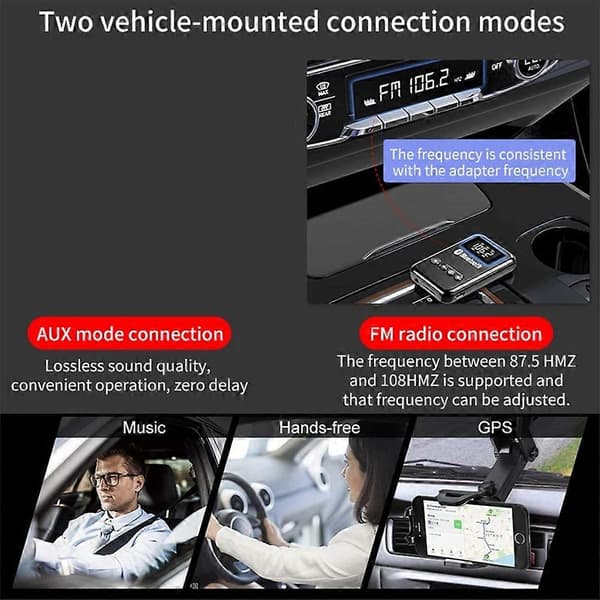 Bluetooth-mottaker Sender Bluetooth 5.0-adapter 3,5 mm Jack AUX FM Bilsett Håndfri samtale og mikrofon Black