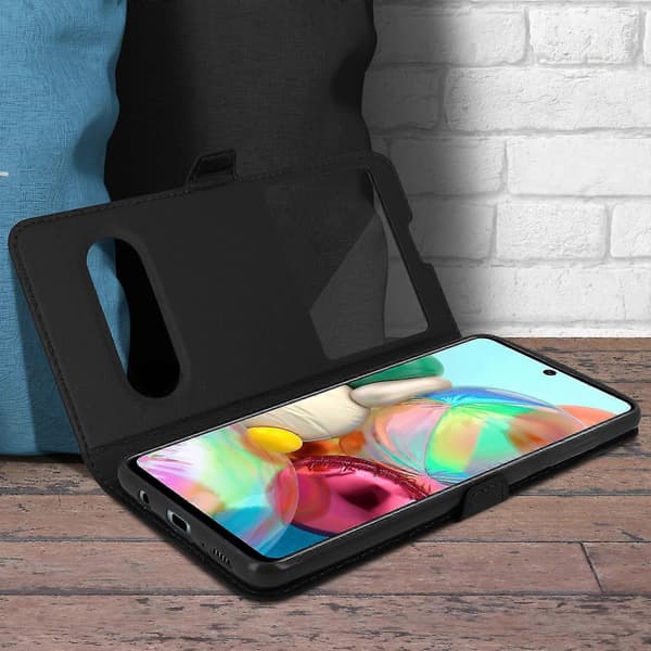 Galaxy A71 Etui Dobbelt Vindue Video Stand Blå Black