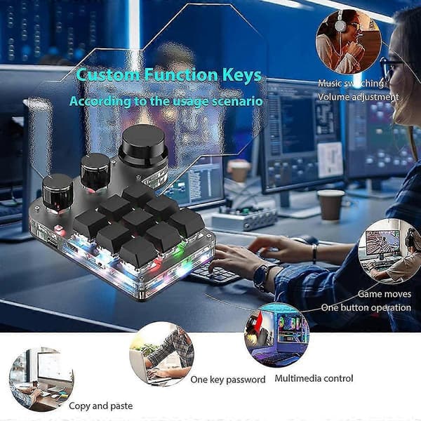 Programmerbart mekanisk tastatur, 9 taster 3 knotter RGB Programmerbart makrotastatur Bluetooth Gaming K