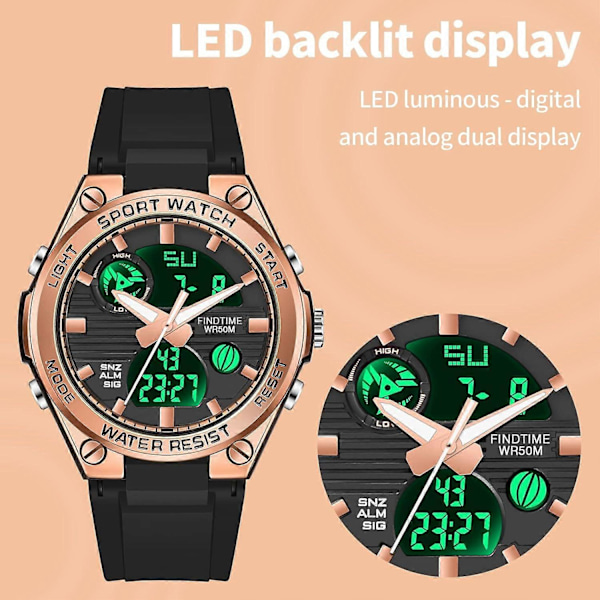 Dame Sport Digital Klokker Armbåndsur for Kvinner med Vanntett Dobbel Tid Dato Lysende Bakgrunnsbelysning Uke Alarm Stoppeklokke Blackrosegolden