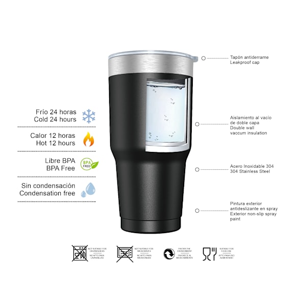 Kaffetermosmugg 900ml (10 färger) och tekopp för hand eller bil - Termosmugg i rostfritt stål med lock, rostfri stålkopp. Black