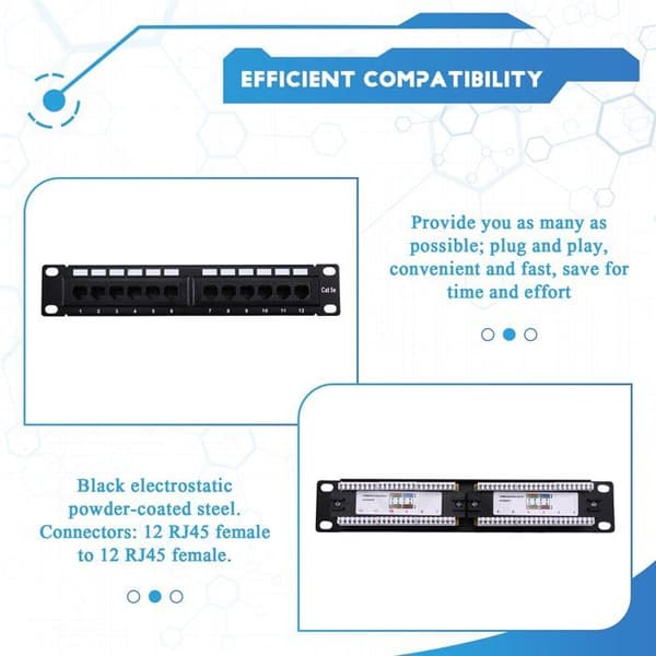 12-portars CAT5e 10G patchpanel, 1U formfaktor, UTP, vägg- eller rackmontering, anslutningsblock för CAT5e-kablar