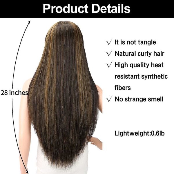 26 tums silkeslen långa raka svarta peruker för kvinnor, högresistent syntetisk peruk