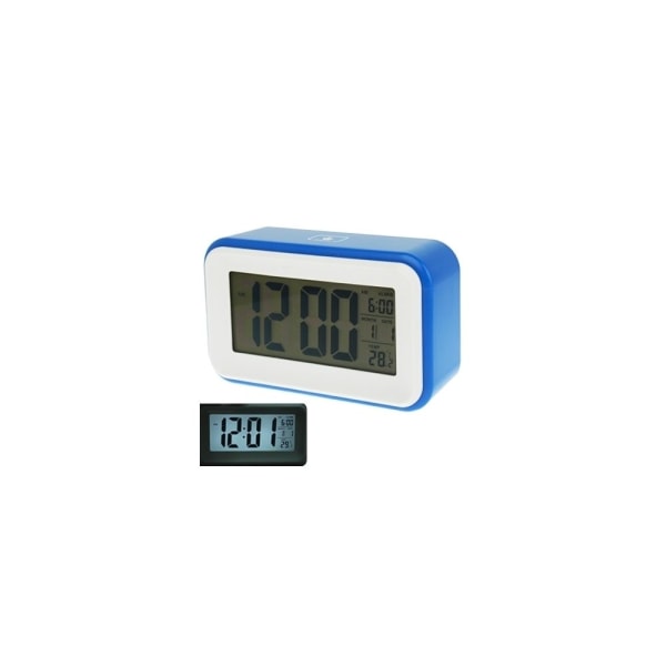 Stor blå väckarklocka med flera skärmar med kalender och Snooze Touch LCD-ljus