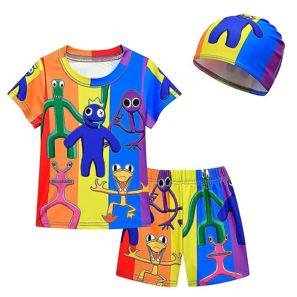 Barn Tecknad Rainbow Friends printed toppar + shorts med cap Baddräkt Badkläder 4-5 Years