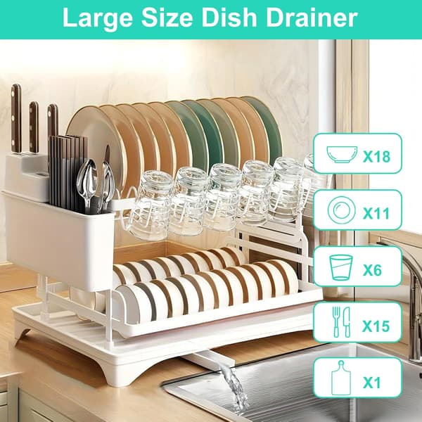 Dish Drying Rack for Kitchen Counter, Double Layer, with Drainboard and Cutlery Holder, Large Capacity Storage Rack (White) White