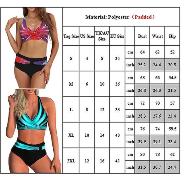 Printed Push Up Vadderat Bikini Set Halter Cross Ryggrem BH Top + Hög midja Trosor Baddräkt Sommar Strand Sexiga Badkläder E 2XL