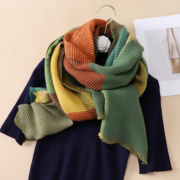 Grön polyester bomull flerfärgad linje rutig scarf dam varm