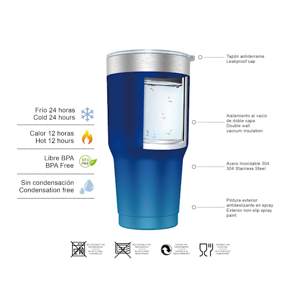 Kaffe Termokop 900ml (10 Farver) og Hånd- eller Bilbærende Tekop - Termokop i Rustfrit Stål med Låg, Rustfri Stål Kop. Azul Degradado