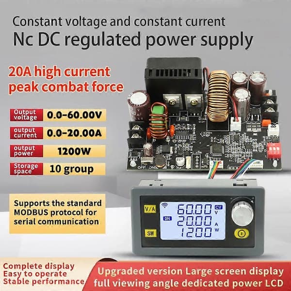 20A 1200W CNC Strømforsyning - 6-70V Input, 0-60V Output, LCD Display, MODBUS Protokol
