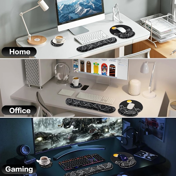 Musmatta med handledsstöd, Qomolama 3-i-1 handledsstöd musmatta set, Gaming musmatta med halkfri bas, Ergonomisk musmatta, Memory Foam tangentbord Golden Mountain-black