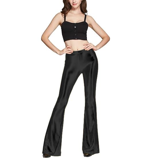 Dame Shiny Metallic Pailletter Høj Talje Elastiske Bell-Bottom Bukser Sort Black L
