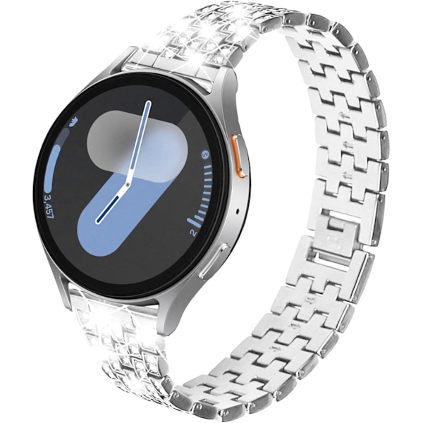 Rem til Samsung Galaxy Watch 7/6/5/4 20mm Bling Diamant Metal Udskiftningsrem til Kvinder og Mænd Silver