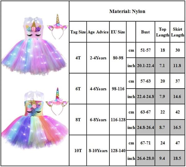Jenter Enhjørning LED Tutu Hodeplagg Sett Fancy Kjole Barn Gave 2 2 4-6Years