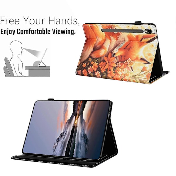 Kompatibel med Samsung Galaxy Tab S9/S9 FE Fodral Mönstrat Läder Tablet Skydd med Auto Sleep/Wake, Korthållare Multicolor Flower Fox