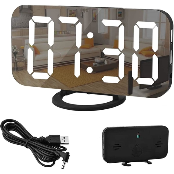 Digital väckarklocka, 6,5" stor skärm LED-spegelväckarklocka med dimläge, justerbar ljusstyrka, 2 USB laddningsportar, stor snooze-knapp för ho