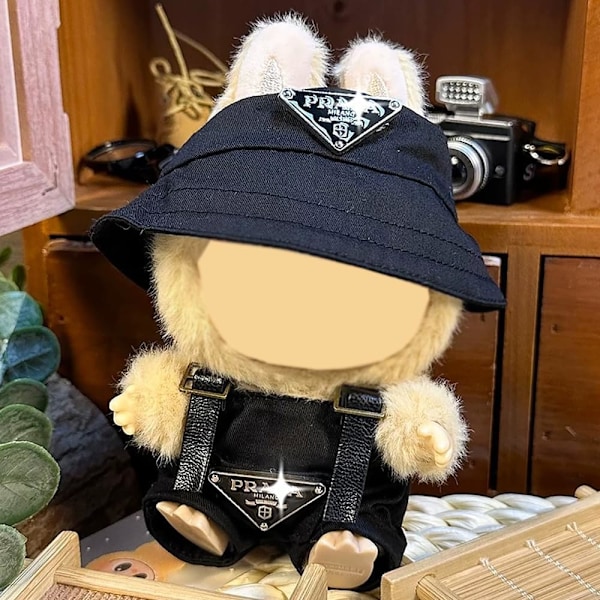 Kläder för Labubu (INGEN Docka), Hatt & Jumpsuit Set för 17cm Labubu Tillbehör Kostym Black