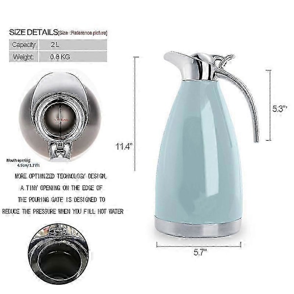 2L Rostfri Termoskanna för Kaffe/Dubbelväggig Vakuumisolerad/24 Timmar Värmehållning (Blå)
