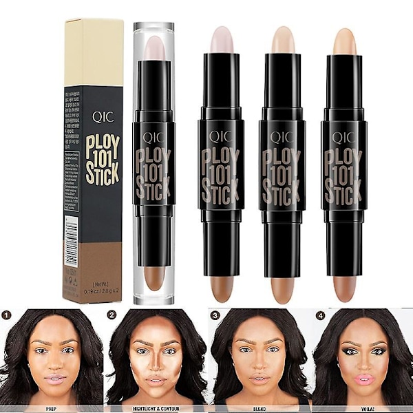 3-pakning Dobbeltsidig Highlighter & Kontur Stick Sminke Concealer Kit For 3D Ansiktsskulptering Kroppsforming Sminke