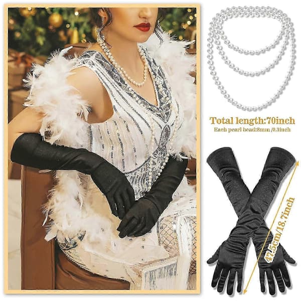 Flapper Tilbehør, 1920'er Gatsby Tilbehør til Kvinder Inkluderer Flapper Pandebånd Halskæde Handsker Sort Red