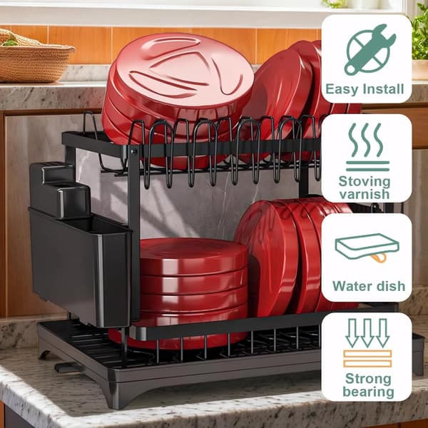 Dish Drying Rack for Kitchen Counter, Double Layer, with Drain Board and Cutlery Holder, Large Capacity Storage Rack, (Black) Black