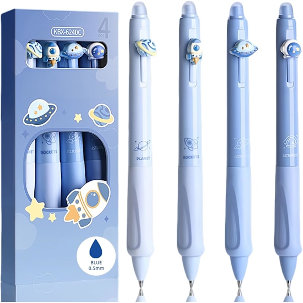 Raderbara pennor med djurmotiv 4-pack - Planet Astronaut Raket Rymdtema - Värmekänsligt blått bläck - 0,5 mm spetsdiameter - Kula i änden för att ta bort bläck - B A-Space Ink Color: Blue