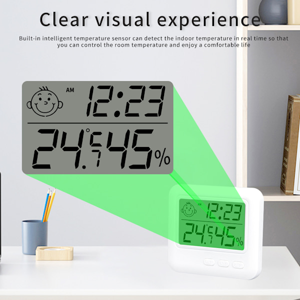 Smiling Fa Temperatur- og Fugtighedsmåler Indendørs Husholdningsvejrstation LCD Digitalt Termometer Hygrometer Med Vækkeur White