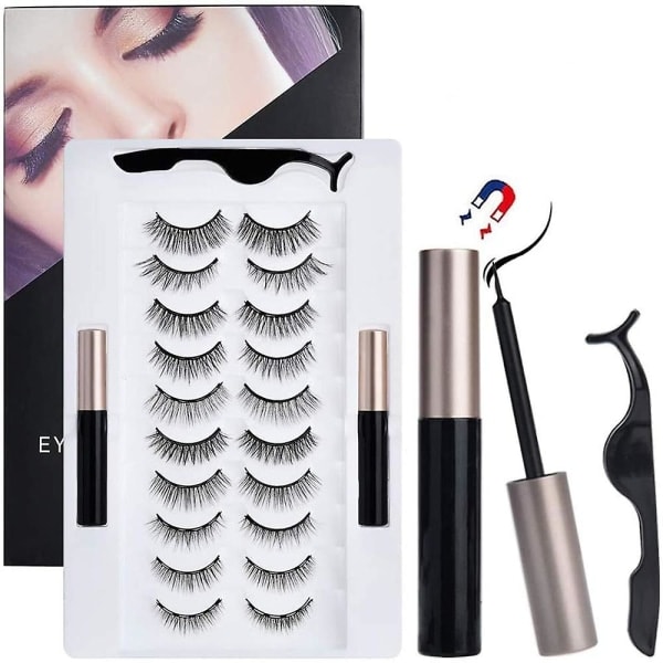 10 par magnetiske øjenvipper og 2 Eyeliner Set Naturligt look & Genanvendeligt