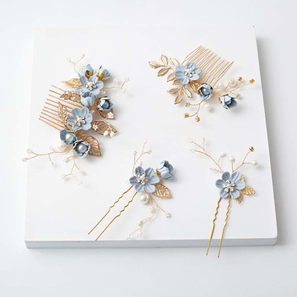 4 st Brudhåraccessoarer Bröllop Hår Sidokam Pärlblomma Hårspännen (Blå) blue
