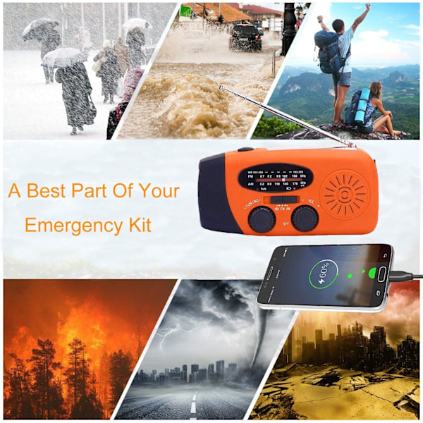 Väderradio, Solradio, Nödladdningsradio med Handvev, Självdriven AM/FM Solcellsväderradio med LED-ficklampa, WB-radio med Batteribackup Orange
