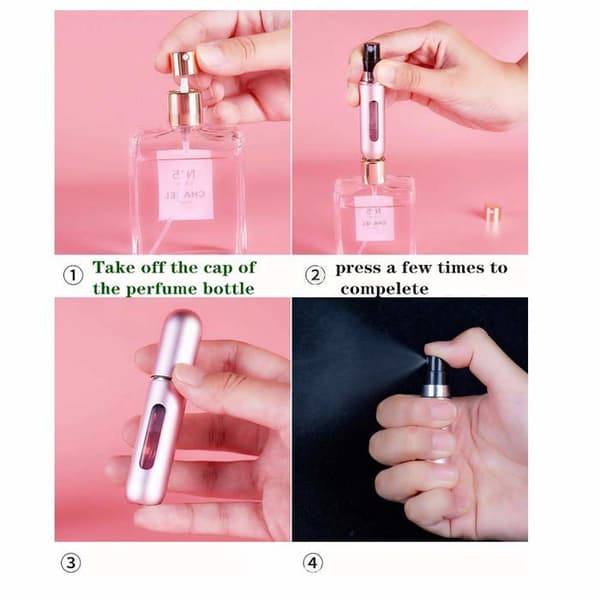 Set med 5 x 5 ml parfymförstörare, mini bärbara reseflaskor i glas, tomma metallsprutor