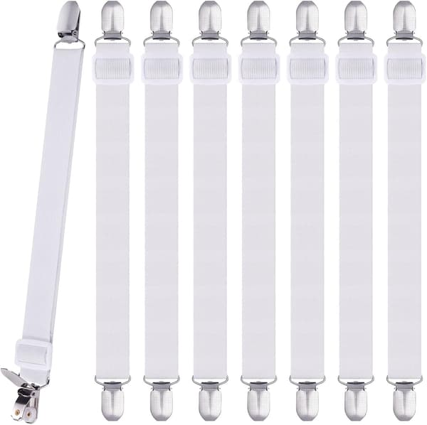 8 Pieces Sheet Clips, Adjustable Sheet Holders, High Elastic Fitted Sheet Straps with Clips, Sheet Fasteners Max Stretch 120cm, Sheet Holders White