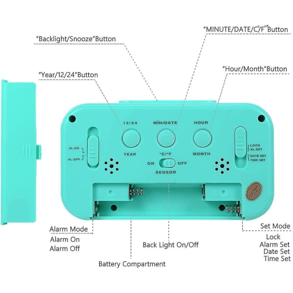 Batteri Digital väckarklocka, 4,5 tum (cirka 11,4 cm) LCD-skärm vid sängen Väckarklocka Blå