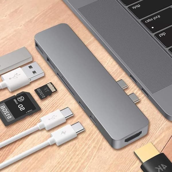 1 7-i-1 Dockingstation, Dobbelt USB-C-stik, HDMI 4K, USB 3.0, SD-kortlæser, til bærbar computer.