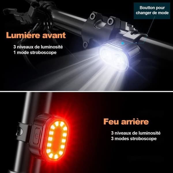USB oppladbart LED sykkellykt - vanntett - foran og bak - doble frontlykter