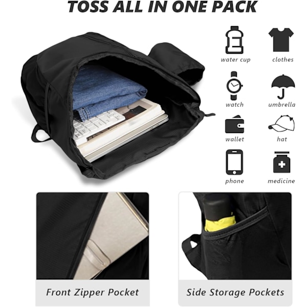 Flintronic Ultralätt Hopfällbar Ryggsäck, Vandringsryggsäck för Män och Kvinnor, Vattentät Reseryggsäck, Idealisk för Trekking, Resor, Vandring och Camping 15l Black