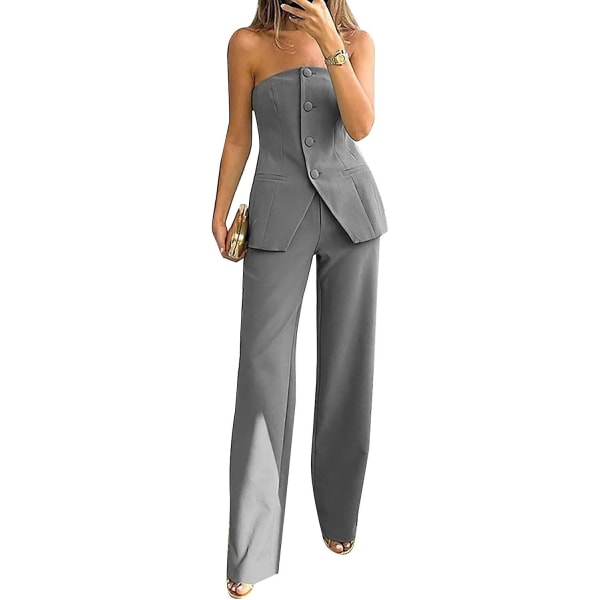 Casual med tubtopp för kvinnor kostymbyxor ärmlösa dräkter tubtopp hög midja breda ben Grey XL