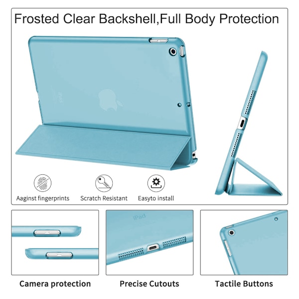 - Slankt, let Smart Case Stand Cover med Transparent Mat Bagside og Auto Vågn/Sov Funktion - Blå