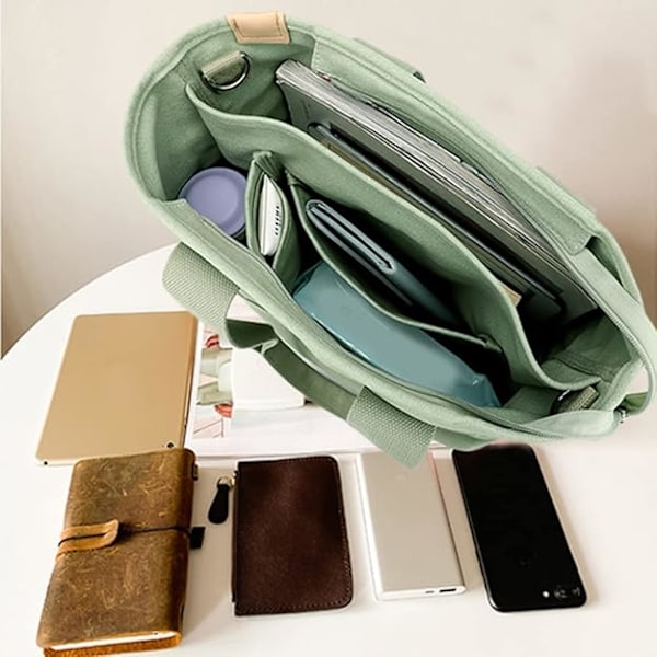 Toteväska med Flera Fack och Dragkedja, Japansk Handgjord Handväska i Canvas med Fack, Multifunktionell Crossbody-väska/Axelväska/Arbetsväska