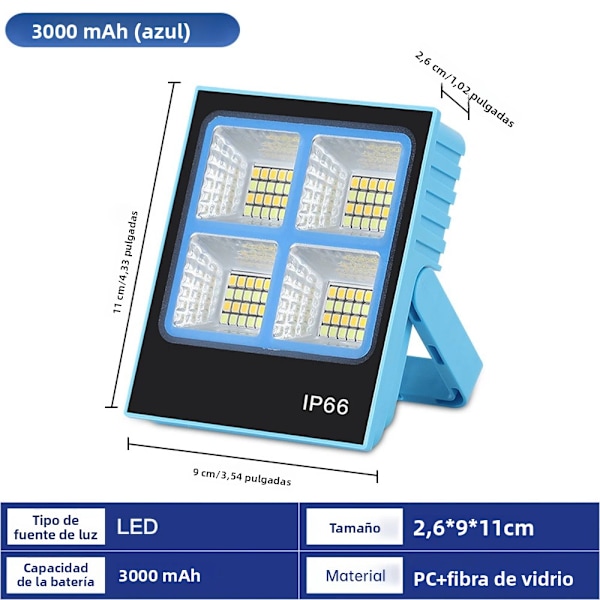 Genopladelig Solar Flood Light Udendørs Bærbar LED Reflektor Spotlight Genopladelig Projektør Floodlight Byggepladslampe Blue