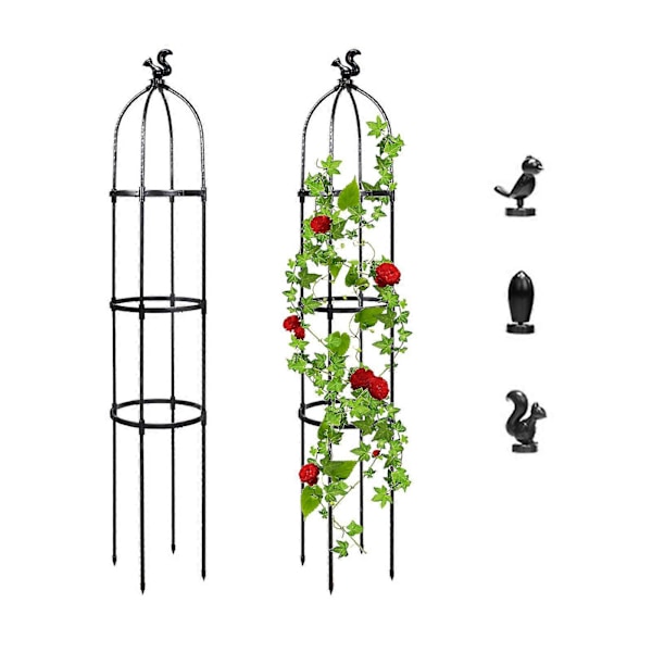 1 st Trädgårdsspaljé Obelisk för Klätterväxter med 3 st Toppdekorationer Utomhus Rosbuske Rund Spaljé för Krukor Rostsäker Metallväxt GuanGuan Black 120cm-4ft