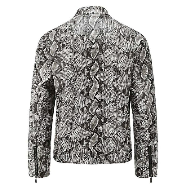 Herre Stand Collar Slangeskindsprint Fuld-Lynlås Pu Læderjakke Black S