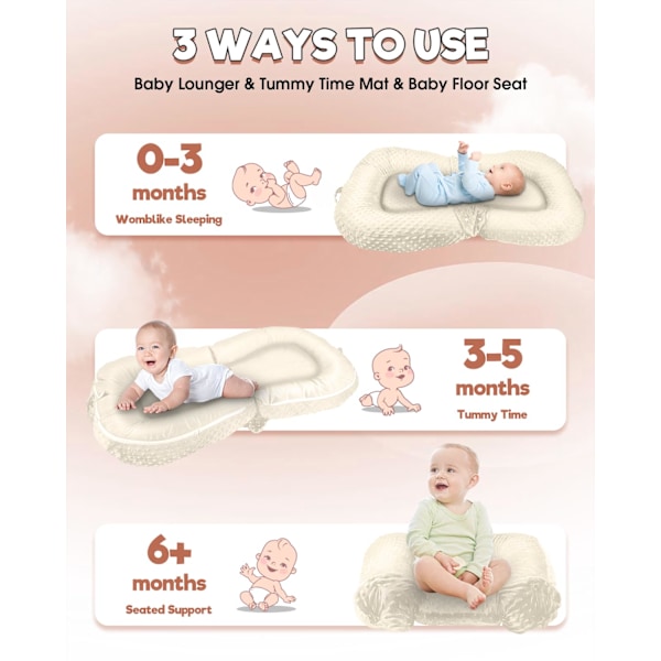 Baby Lounger - 3-i-1 Babynest för Nyfödda 0-24 Månader, Andningsbar & Mjuk Baby Nest Säng för Bebis, Portabelt Babynest för Hemma och Resor Beige