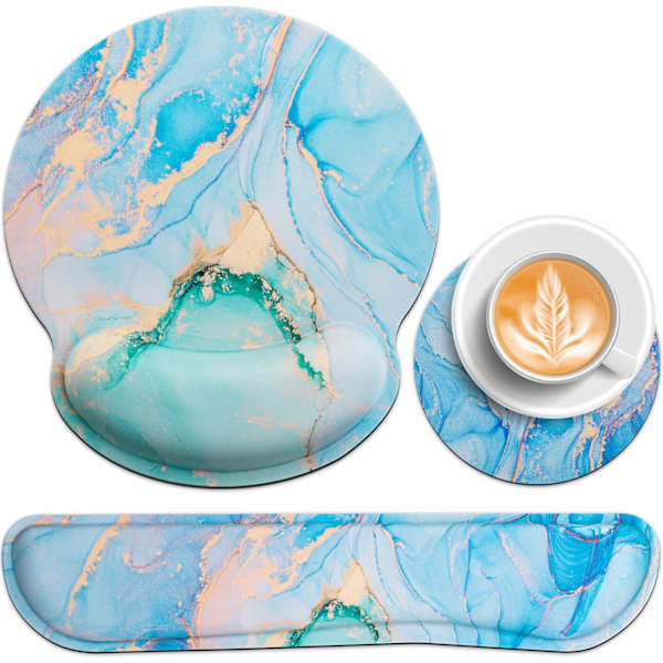 3-i-1 Handledsstöds Musmatta Set - Gaming Musmatta med Halkfri Bas och Ergonomisk Design - Minnesskum Tangentbord Gel Handledsstöd Jade Blue Marble