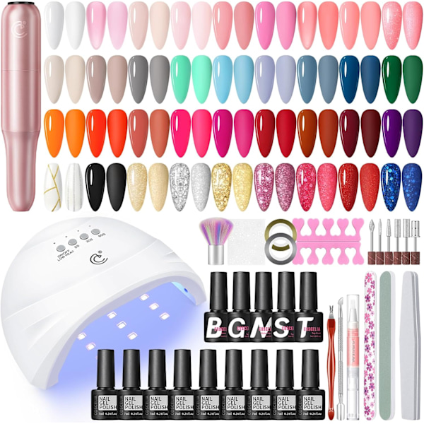 COSCELIA 40 Dele Semi-Permanent Neglesæt Komplet Sæt med UV Lampe Neglebor, Semi-Permanent Neglelak Rød Sort Hvid 35 Farver Base og Top Coat Ma