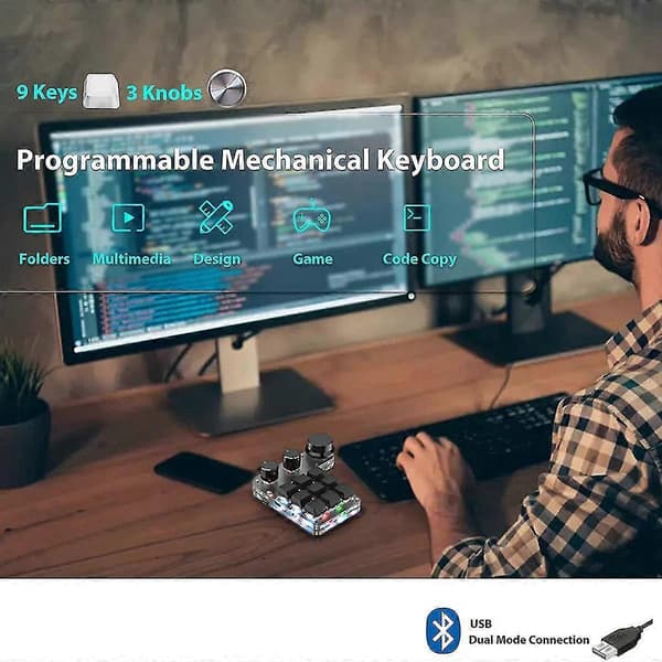Programmerbart mekanisk tastatur, 9 taster 3 knotter RGB Programmerbart makrotastatur Bluetooth Gaming K