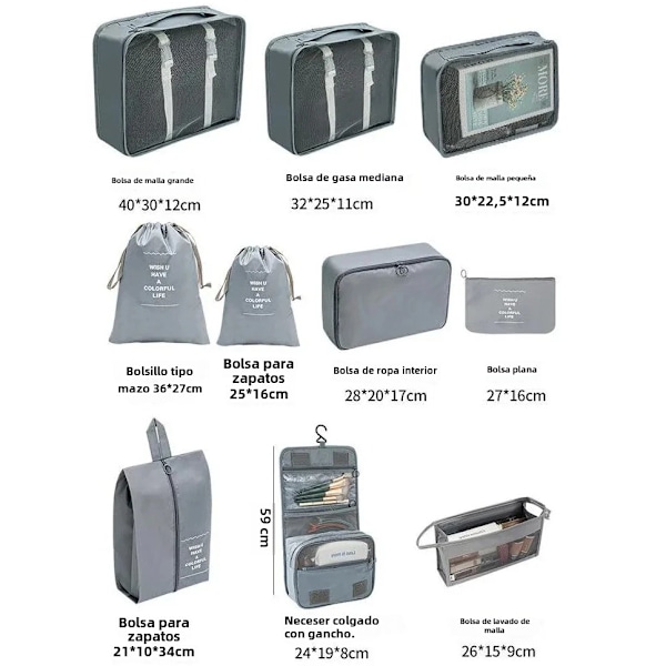 7/8/9/10 Delars Set Reseorganisatör Förvaringsväskor Resväska Packningskuber Set Fodral Bärbar Bagage Kläder Sko Ordning Påse Vikbar 7 pcs grey